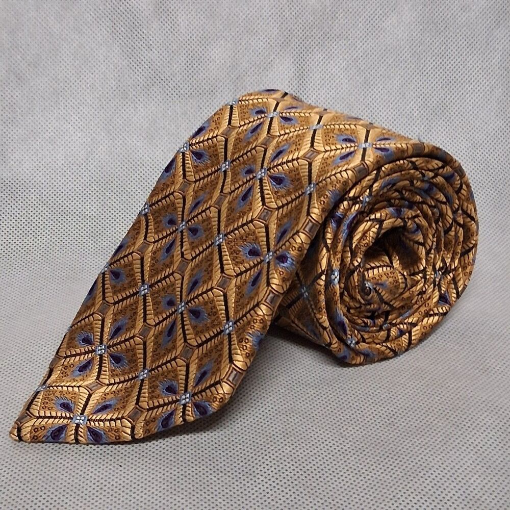 JoS.A.BANK Signature Gold Silk Necktie Geometric Design 59" x 3.5"